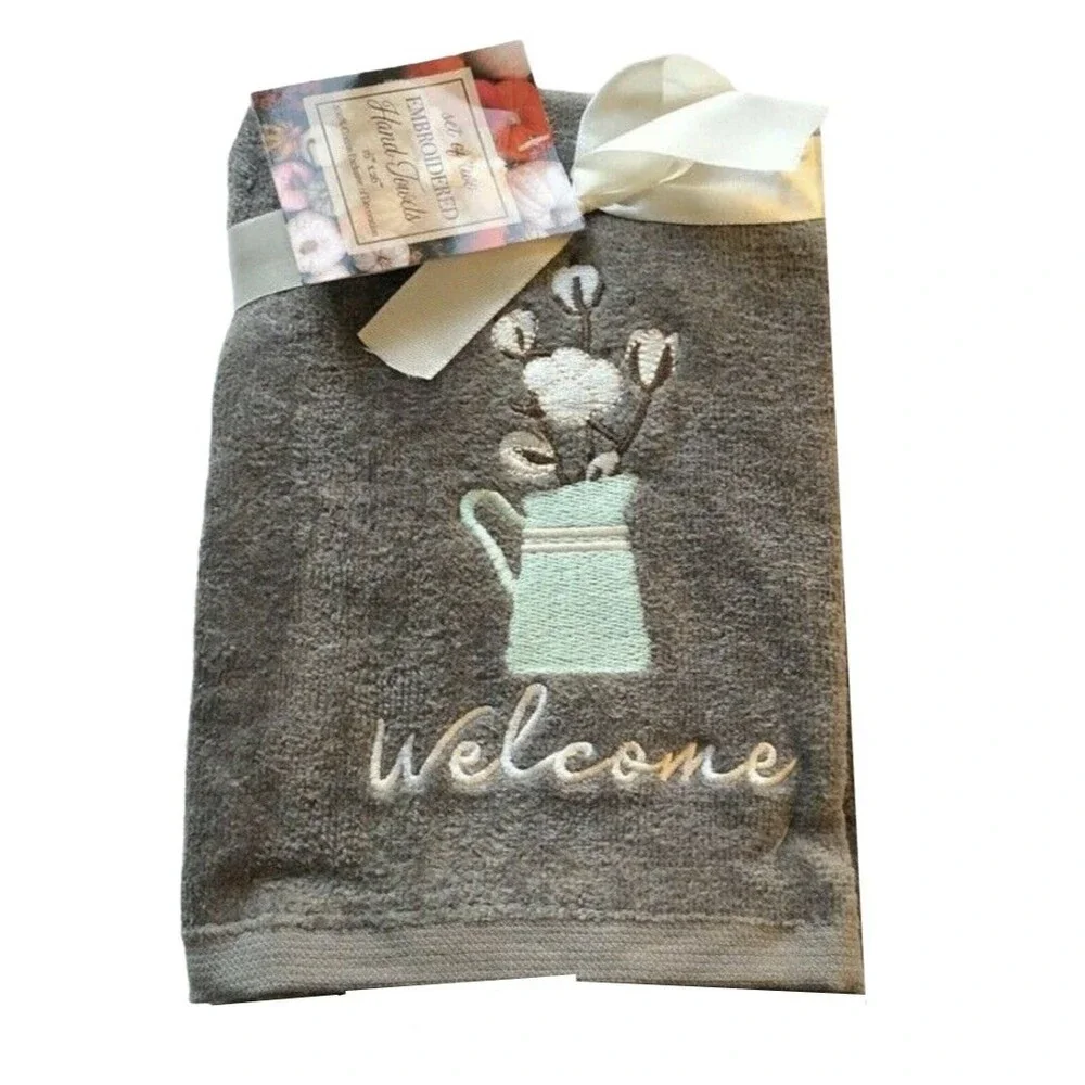 Welcome Spring Hand Towels Watering Can Embroidered Bathroom Gray Set of 2